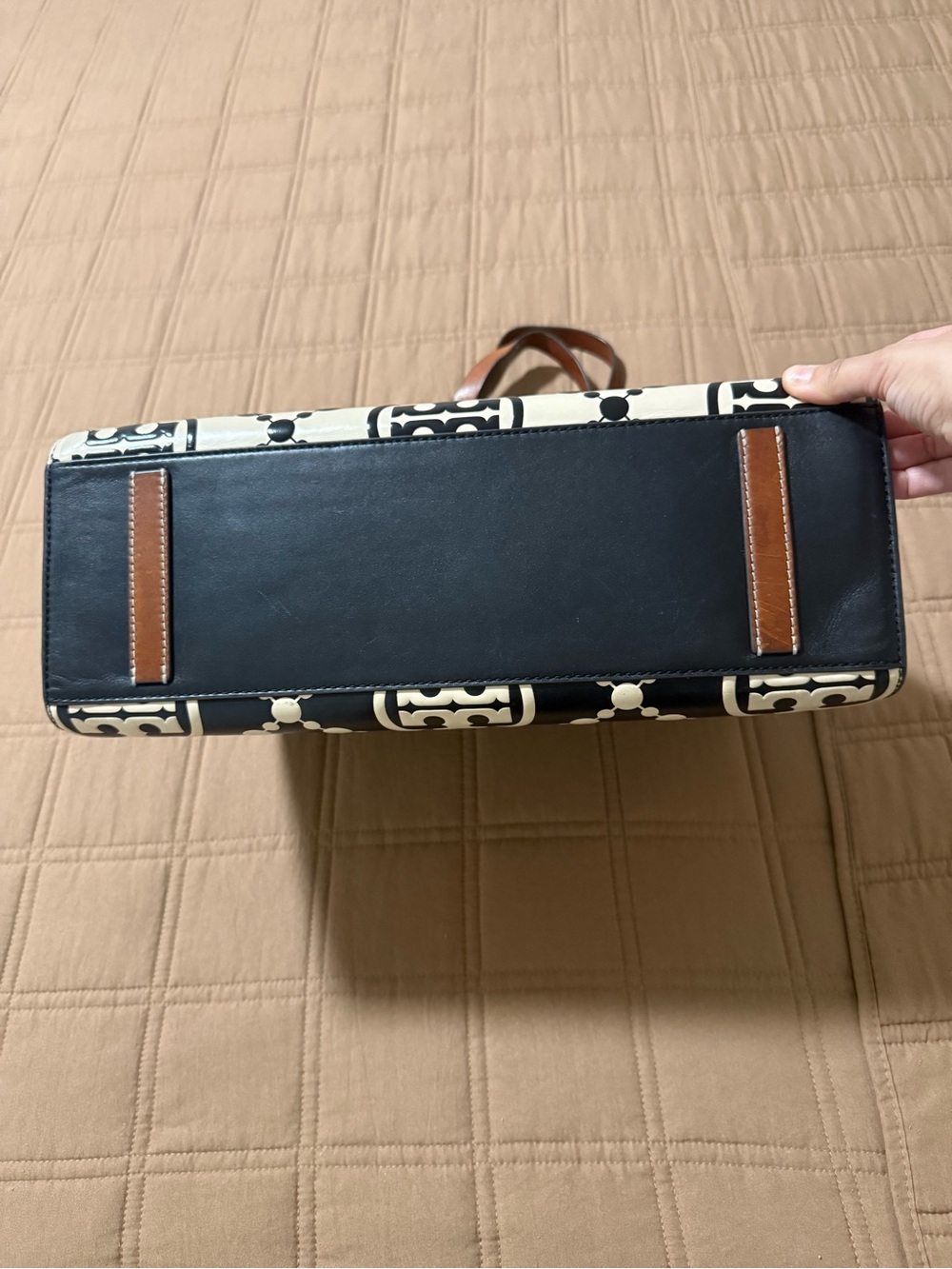 Tory Burch Cream and Black Logo Tote with Brown Straps - Picture 5 of 12